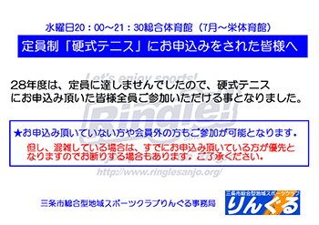 平成28年度定員制硬式テニスは定員に達しませんでしたので、お申し込みの方全員がご参加いただけます。